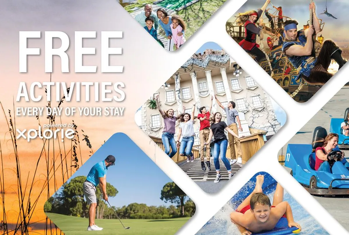 A lively, collage-style interior image featuring families engaging in different resort activities: a golfer mid-swing, children playing in water, people enjoying themed experiences, and a pirate ship attraction. The scene is bursting with energy, fun, and a sense of togetherness, capturing a range of memorable vacation moments.